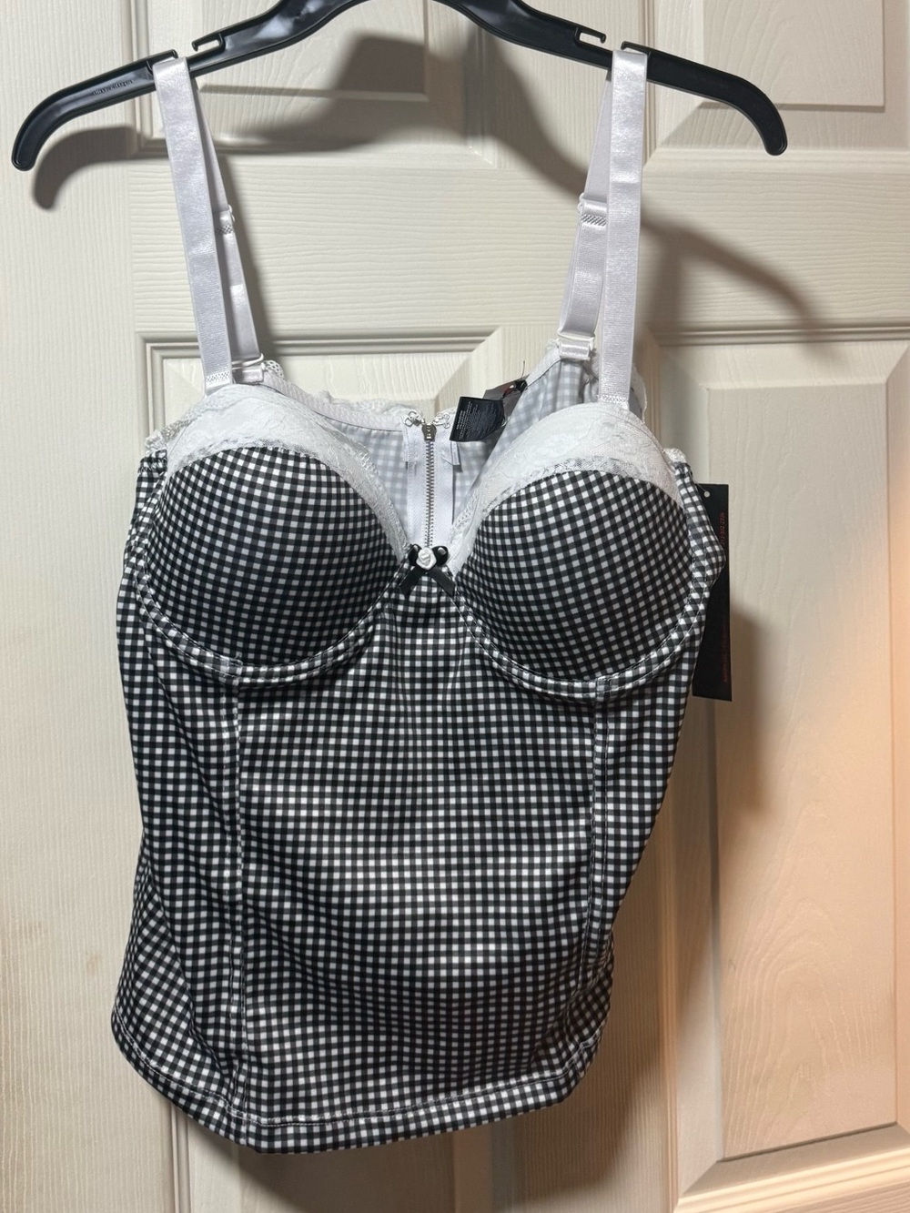 Gingham Bustier Tank Top with Lace Trim - Black & White